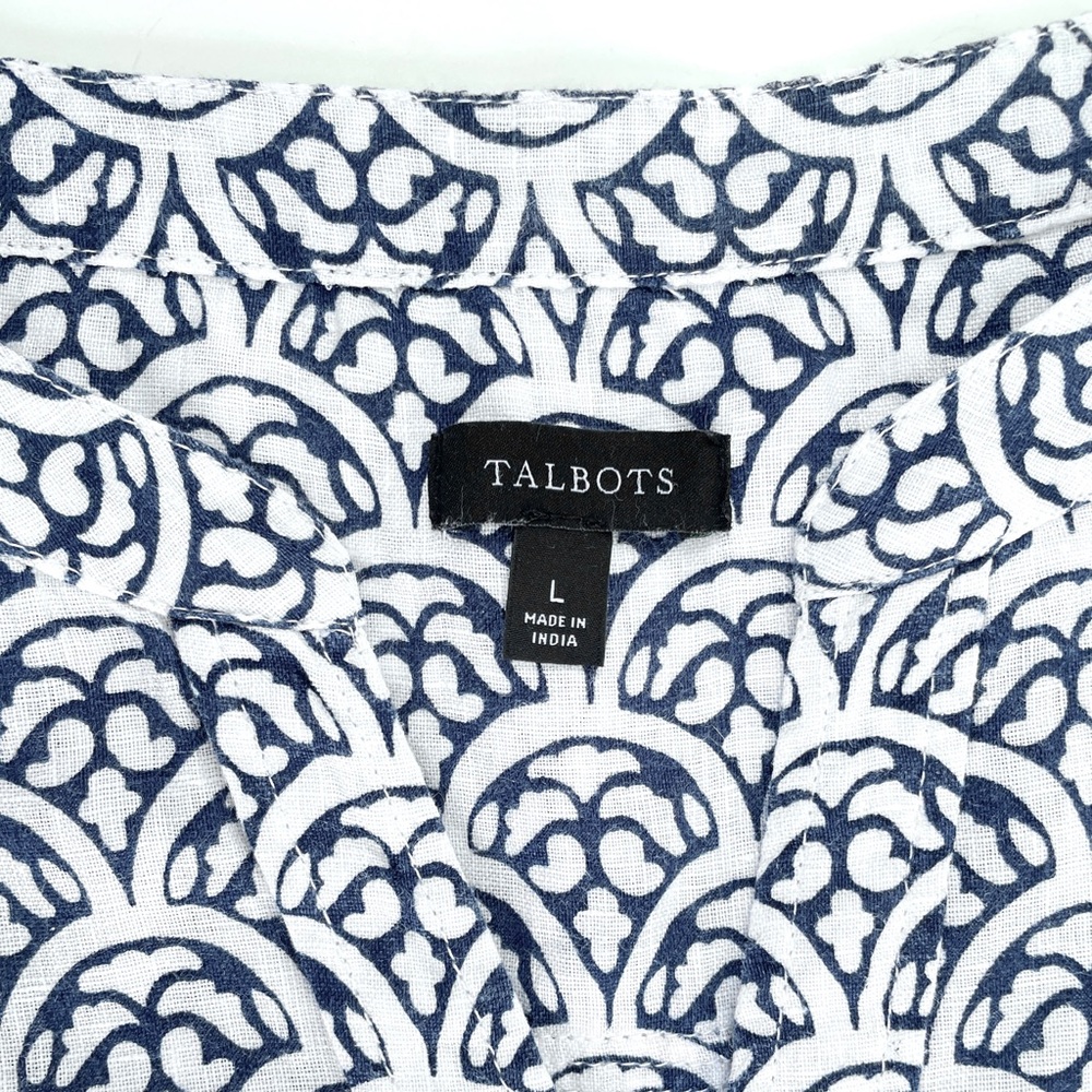 Talbots Linen Blouse, Lightweight Patterned Shirt, Blue & White, Size Large - Picture 9 of 10